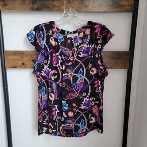 Philosophy Black Floral Print V-Neck Blouse Sz XS